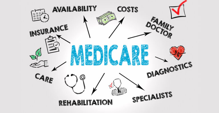 Medicare enrollment guide illustration showing seniors reviewing health insurance options and deadlines